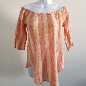 Peach Striped Crepe Off Shoulder Top M